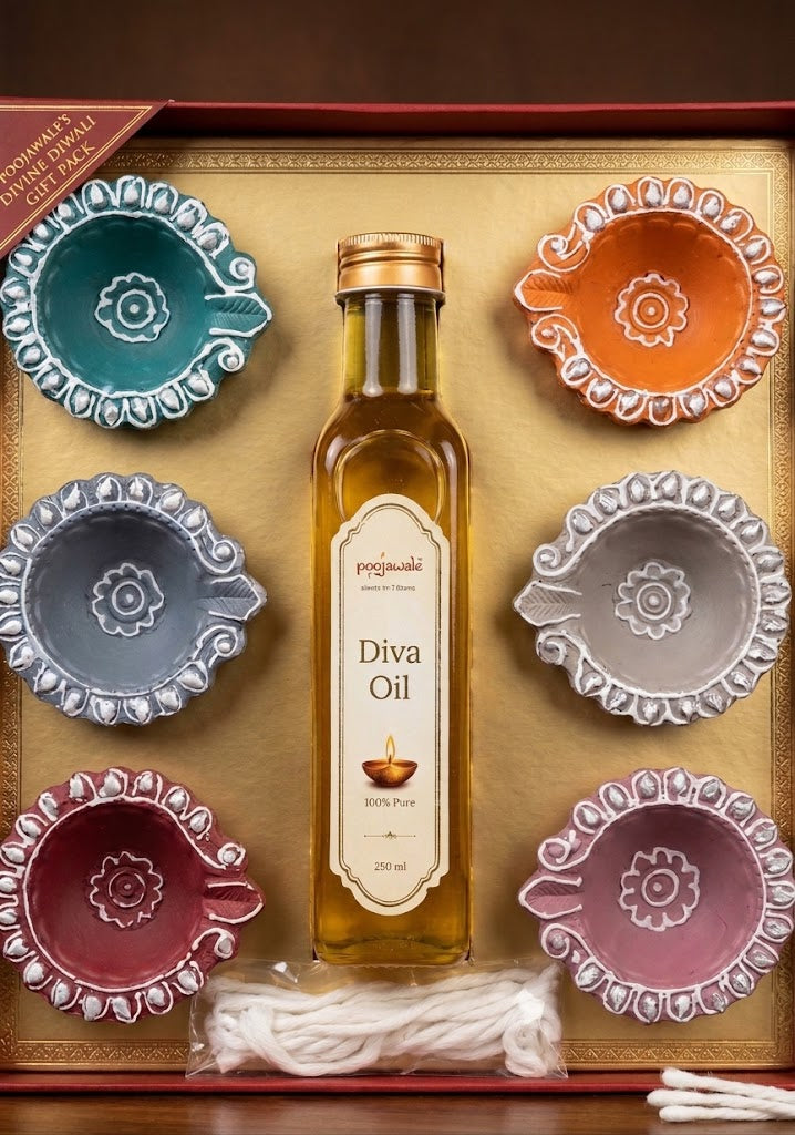 Poojawale's Happy Diwali Gift set (12 Diyas, 1 bottle diya oil and 12 cotton wicks)